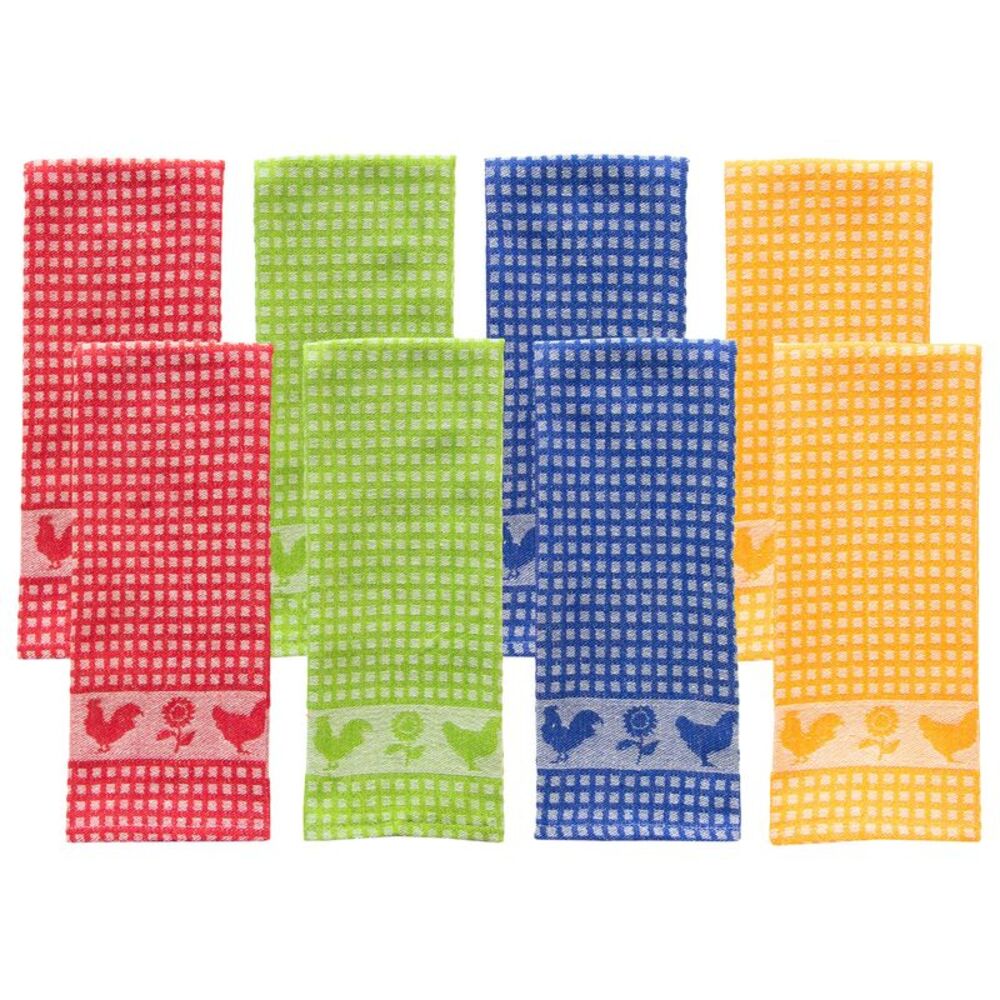 Woven Cotton Checkered Rooster Kitchen Towel Set in Red, Green, Orange & Blue